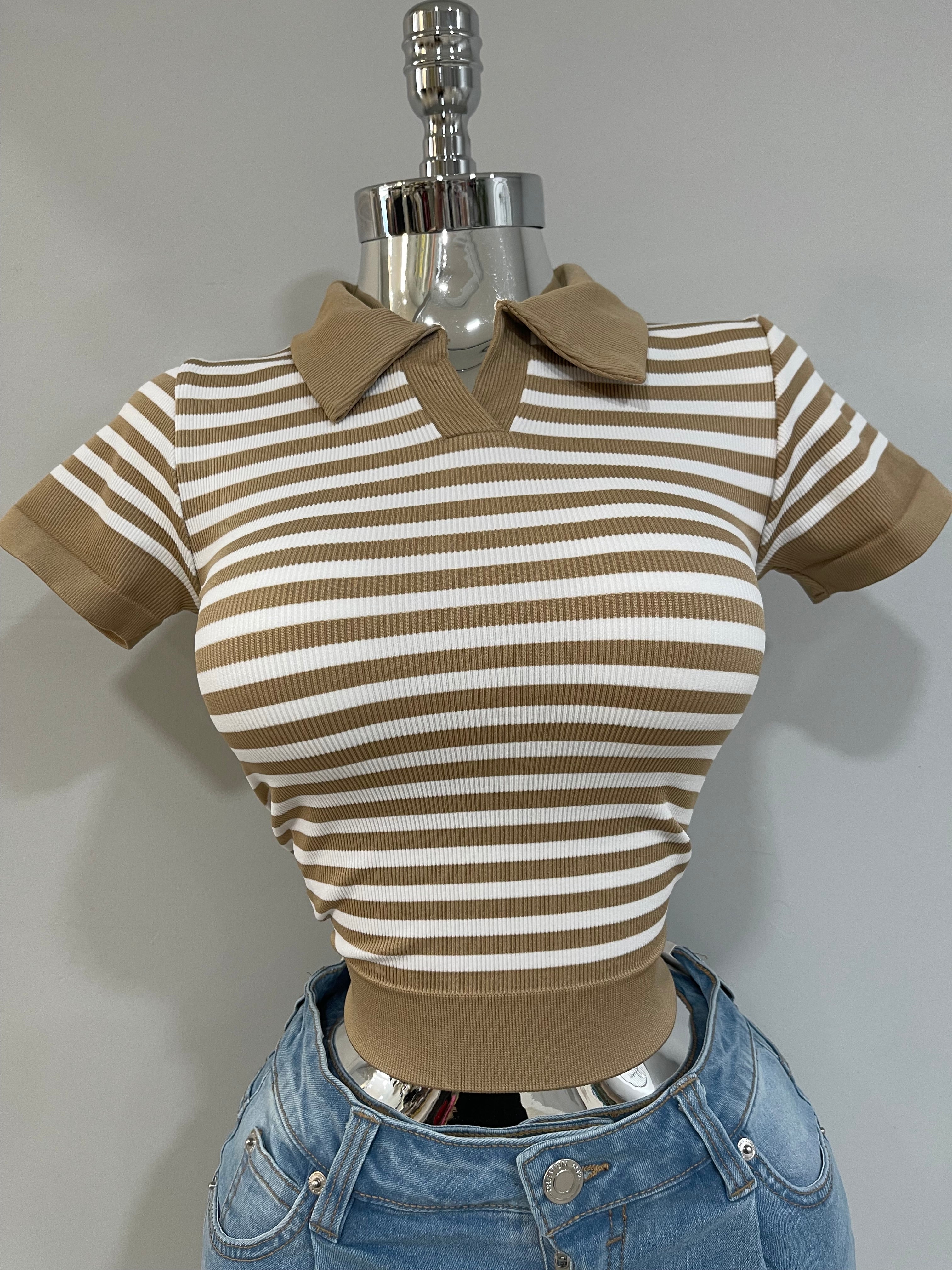 Avery striped short sleeved polo top-khaki
