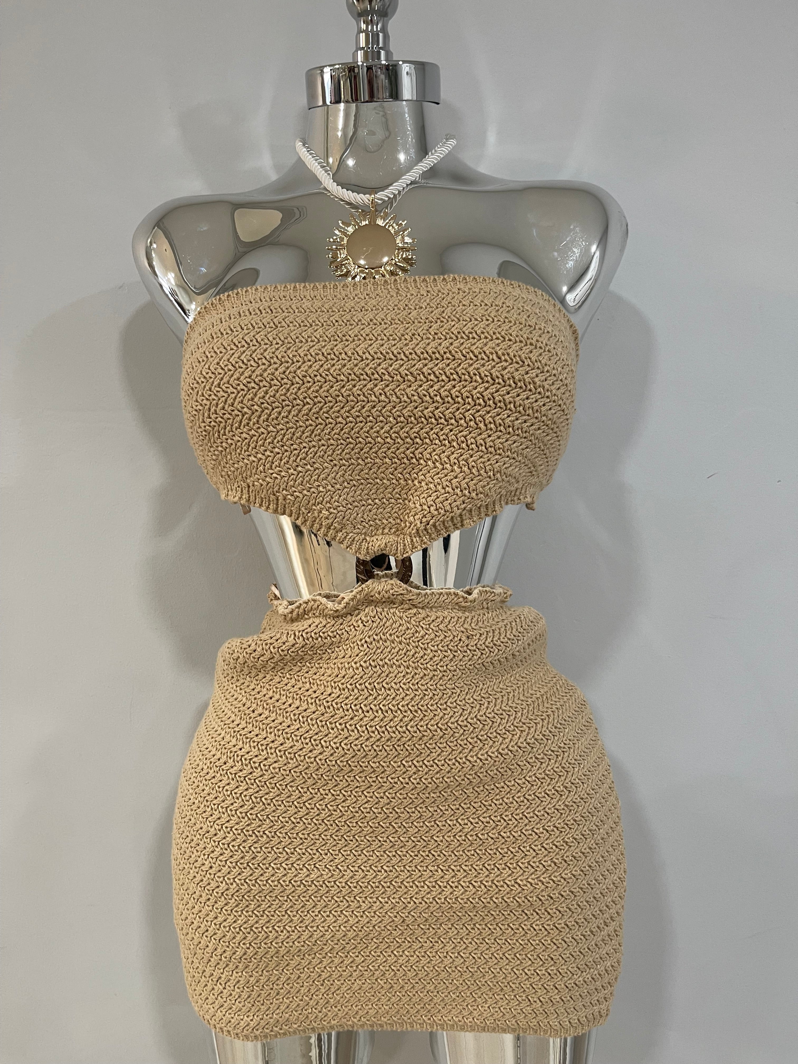 Crochet beach mini dress-nude